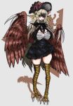 1girl :o absurdres bird_legs bird_wings black_dress black_souls blonde_hair bonnet breasts bright_pupils brown_wings dodo_(black_souls) dress full_body hair_between_eyes harpy highres koshou_shou_mitsu large_breasts looking_at_viewer monster_girl open_mouth red_eyes simple_background solo talons white_pupils wings 
