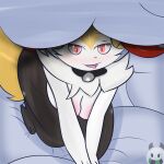 2023 anthro areola bed bed_sheet bedding bedroom_eyes bell bell_collar black_body braixen breasts choker collar digital_media_(artwork) female female/female fur furniture generation_6_pokemon hi_res humanoid imminent_sex jewelry mammal medium_breasts miyang_draws! narrowed_eyes necklace nintendo pink_areola pokemon pokemon_(species) seductive signature simple_background solo tail tongue tongue_out tuft under_covers white_body white_fur yellow_body yellow_tail 