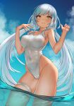  1girl arpeggio_kaga blue_sky breasts character_request closed_mouth cloud collarbone commentary_request copyright_request covered_navel cowboy_shot day furrowed_brow grey_hair groin hands_up highleg highleg_swimsuit highres large_breasts light_blush light_frown long_hair looking_at_viewer low_twintails one-piece_swimsuit outdoors sky solo swimsuit thigh_strap twintails very_long_hair wading water white_one-piece_swimsuit yellow_eyes 