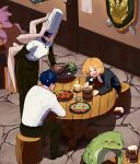  &gt;_&lt; 1other 2boys 2girls black_jacket black_pants blonde_hair blue_hair breasts breath candle chef chef_hat extra_arms food frogman froth hair_over_one_eye hat highres indoors jacket leaning_forward log looking_at_another medium_hair multiple_boys multiple_girls office_lady open_mouth original pants parted_bangs plate restaurant sekoshi_(some1else45) shadow shirt short_hair sitting some1else45 stone_floor table teeth upper_teeth_only white_shirt wooden_cup wooden_table 