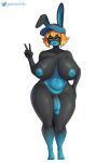  2023 3_toes 5_fingers absurd_res anthro areola artist_name balls big_breasts blue_nipples breasts clothing digital_media_(artwork) feet fingers front_view gammainks genitals gesture gynomorph hair hat hat_only headgear headgear_only headwear headwear_only hi_res huge_breasts humanoid_genitalia humanoid_penis intersex lagomorph leporid long_ears looking_at_viewer mammal mostly_nude navel nipples open_mouth penis rabbit ryan_(lewdlobster26) simple_background solo toes v_sign white_background 