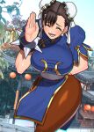  1girl akisu_k breasts capcom chinese_clothes chun-li closed_eyes open_mouth pantyhose smile solo standing street_fighter teeth 