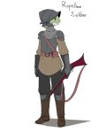  2022 anthro armor armored_boots armored_gloves black_eyes clothed clothing english_text front_view fully_clothed girokett green_body gun headgear helmet looking_aside male orange_sclera ranged_weapon scalie simple_background standing text weapon white_background 