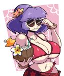  bare_shoulders bikini cocktail coconut coconut_cup collarbone cup drinking_straw floral_background floral_print flower hair_ornament hairband hand_on_own_face hands_up highres holding holding_cup kevin_arthur midriff navel open_mouth pink_background purple_hair pyonta red_bikini red_skirt sharp_teeth short_hair side-tie_bikini_bottom skirt stomach sunglasses swimsuit teeth touhou tropical_drink two-tone_background upper_body white_background wristband yasaka_kanako 