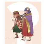  2girls ? agatha_chris_q_outfit_(touhou) book boots brown_capelet brown_footwear cabbie_hat capelet checkered_clothes checkered_kimono commentary_request detective flip-flops flower fur_trim gloves green_skirt hair_flower hair_ornament hand_on_own_chin hat hieda_no_akyuu highres holding holding_book holding_magnifying_glass japanese_clothes kimono magnifying_glass motoori_kosuzu multiple_girls open_book orange_hair purple_capelet purple_eyes purple_hair red_eyes red_skirt sandals short_hair skirt socks stroking_own_chin thinking touhou white_flower white_gloves white_socks yellow_kimono yokujitsu 