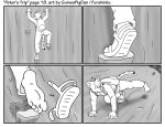  2019 5_fingers 5_toes anthro backpack barefoot black_and_white bottomwear climbing climbing_down clothing comic domestic_cat english_text falling falling_object feet felid feline felis fingers foot_focus footwear four_frame_image fur furshinku humanoid_feet humanoid_hands long_tail looking_back male mammal monochrome mountain mountainside pants peter_(furshinku) plantigrade prick_ears rear_view rock sandals shirt snout soles solo striped_body striped_fur stripes tail text toes topwear 