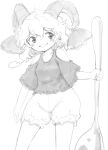  1girl bloomers earrings greyscale hair_between_eyes harusame_(unmei_no_ikasumi) holding holding_spoon horn_ornament horn_ribbon horns jewelry long_sleeves monochrome open_mouth oversized_object pointy_ears ribbon sheep_horns shirt simple_background sketch solo spoon touhou toutetsu_yuuma underwear white_background 
