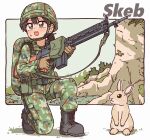  1girl battle_rifle black_hair bocchi-ya-nawi boots brown_gloves camouflage camouflage_jacket camouflage_pants combat_boots combat_helmet commission gloves green_headwear green_jacket green_panties gun helmet howa_type_64 jacket japan_ground_self-defense_force japan_self-defense_force military military_uniform open_mouth original panties pants rabbit rifle skeb_(site) skeb_commission solo underwear uniform weapon 