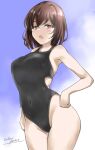  1girl alternate_costume artist_name black_one-piece_swimsuit breasts brown_eyes brown_hair competition_swimsuit covered_navel gakky highres hyuuga_(kancolle) kantai_collection large_breasts looking_at_viewer one-hour_drawing_challenge one-piece_swimsuit short_hair solo standing swimsuit 
