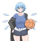  basketball blue_eyes blue_hair blue_shirt breasts cirno highres ice ice_wings jacket mata_(matasoup) shirt short_hair shorts small_breasts smile tomboy touhou wings 