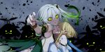  2girls angry aranara_(genshin_impact) arm_up blonde_hair blood blood_on_face closed_eyes cross-shaped_pupils dress genshin_impact glowing glowing_eyes gradient_hair green_eyes green_hair green_sleeves hair_ornament highres leaf_hair_ornament lumine_(genshin_impact) multicolored_hair multiple_girls nahida_(genshin_impact) pointy_ears reaching reaching_towards_viewer scratches shaded_face short_hair_with_long_locks side_ponytail sidelocks symbol-shaped_pupils white_dress yodare_(3yami8) 