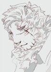 1boy animal_ears arknights bara collared_shirt facial_hair furry furry_male goatee hinokumo_f looking_down male_focus mountain_(arknights) mountain_(book_reader)_(arknights) neck_fur portrait scar scar_across_eye shirt short_hair smile solo thick_eyebrows tiger_boy tiger_ears 