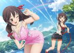  2girls :d armpits artist_request bandeau bare_legs bare_shoulders bent_over black_overalls blue_sky blush bow breasts brown_hair bucket bucket_of_water casual cleavage cloud collarbone cowboy_shot day dress dress_bow dropping feet_out_of_frame foliage foot_up hair_between_eyes hair_bow hair_ribbon hand_up hill holding holding_hose hose kono_subarashii_sekai_ni_bakuen_wo! kono_subarashii_sekai_ni_shukufuku_wo! lace-up_top large_breasts leaning_forward long_hair looking_at_another looking_back low_twintails megumin midriff_peek multiple_girls non-web_source official_art one_eye_closed open_mouth outdoors overall_shorts overalls plaid plaid_bow playing promotional_art rainbow raised_eyebrows red_bandeau red_bow red_eyes red_pupils ribbon sandals short_dress short_hair short_hair_with_long_locks sidelocks sky sleeveless sleeveless_dress small_breasts smile sparkle splashing standing strap_slip sundress thigh_gap tree twintails water water_drop wet wet_hair white_bow yunyun_(konosuba) 