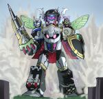  blue_sky building copyright_request day full_body green_wings highres holding holding_sword holding_weapon insect_wings mecha outdoors robot shield sky smoke somechime_(sometime1209) standing sword weapon wings 