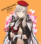  1girl alisa_ilinichina_amiella blue_eyes breasts cleavage gloves god_eater god_eater_resonant_ops hair_between_eyes hat highres jacket long_hair long_sleeves looking_at_viewer navel off-shoulder_jacket off_shoulder official_alternate_costume official_alternate_hair_length official_alternate_hairstyle sakuremi smile solo white_gloves 