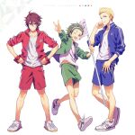  3boys ahoge amagase_touma blonde_hair blue_eyes blue_shorts brown_eyes brown_hair green_eyes green_hair green_shorts hair_between_eyes hairband idolmaster idolmaster_side-m ijuuin_hokuto jupiter_(idolmaster) legs male_focus map_(map_imas) midriff_peek mitarai_shouta multiple_boys open_mouth red_shorts red_wristband shirt shoelaces shoes shorts smile sneakers white_hairband white_shirt 