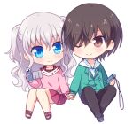  1boy 1girl black_pants blue_eyes blush brown_eyes brown_hair camera casual charlotte_(anime) chibi closed_mouth commentary_request couple green_hoodie hair_between_eyes half_updo happy hetero holding holding_camera holding_hands hood hoodie knees_apart_feet_together knees_together_feet_apart kousetsu long_hair long_sleeves looking_at_another miniskirt one_eye_closed otosaka_yuu pants pink_shirt pleated_skirt red_skirt sandals shirt short_hair sidelocks sitting skirt smile tomori_nao transparent_background two_side_up video_camera wavy_hair white_hair 