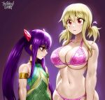 2girls armband bikini blonde_hair breast_envy breasts fairy_tail frown gradient_background halterneck highres huge_breasts looking_at_breasts low_twintails lucy_heartfilia multiple_girls muscular muscular_female navel pink_bikini purple_background purple_eyes purple_hair red_eyes serious signature small_breasts sweat sweatdrop swimsuit the_golden_smurf twintails underboob v-shaped_eyebrows wendy_marvell 