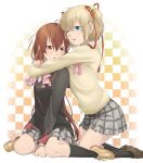  2girls ahoge arm_at_side arms_around_neck arms_between_legs black_jacket black_socks blonde_hair blue_eyes blush bow brown_eyes brown_footwear brown_hair checkered_background commentary_request friends frown grey_skirt hair_between_eyes hair_ornament hair_ribbon heads_together hug hug_from_behind jacket kamikita_komari kneehighs kneeling legs little_busters! loafers long_hair long_sleeves lower_teeth_only miniskirt multiple_girls natsume_rin nose one_eye_closed open_mouth otou_(otou_san) pink_bow pink_ribbon plaid plaid_skirt pleated_skirt ponytail red_ribbon ribbon school_uniform shoes short_hair simple_background sitting skirt smile sneakers socks star_(symbol) star_hair_ornament sweater teeth thighs twintails very_long_hair wariza white_background yellow_sweater 
