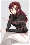  1girl alternate_costume alternate_hairstyle aozaki_touko black_sweater border character_name commentary_request english_text glasses grey_background happy_birthday head_rest highres invisible_chair jewelry kara_no_kyoukai long_hair long_sleeves necklace outside_border pants red_eyes red_hair shintyoi2 simple_background sitting smile solo sweater turtleneck turtleneck_sweater white_border white_pants 