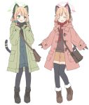  2girls animal_ear_headphones animal_ears bag black_footwear black_pantyhose blonde_hair blue_archive blush boots bow brown_footwear brown_gloves brown_shorts cat_tail closed_eyes coat fake_animal_ears full_body gloves green_bow green_coat green_eyes green_halo hair_bow halo headphones kamotsu_yasai long_sleeves midori_(blue_archive) momoi_(blue_archive) multiple_girls open_clothes open_coat open_mouth pantyhose pink_coat pink_halo red_bow short_hair shorts shoulder_bag siblings simple_background sisters smile tail twins white_background 