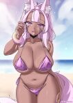  1girl animal_ear_fluff animal_ears aurora_(kanachirou) bikini blurry blurry_background bracelet breasts dark-skinned_female dark_skin facial_mark fang fox_ears fox_girl fox_tail highres jewelry kanachirou large_breasts long_hair micro_bikini navel open_mouth original pink_hair pink_nails purple_bikini purple_eyes sketch skin_fang skindentation slit_pupils solo swimsuit tail twitter_username 