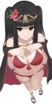  1girl absurdres alternate_costume bikini black_hair bracelet breasts brown_eyes cape cleavage fire_emblem fire_emblem_awakening from_above hands_on_own_chest highres jewelry kocha_(jgug7553) large_breasts o-ring o-ring_bikini official_alternate_costume red_bikini red_swimsuit sandals simple_background smile solo swimsuit tharja_(fire_emblem) tharja_(summer)_(fire_emblem) thick_thighs thighs 