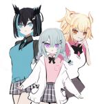  3girls :o :q black_bow black_hair blonde_hair blue_eyes blue_hair blue_necktie bow braid breasts brown_eyes character_request closed_mouth collared_shirt grey_skirt hair_between_eyes horns indie_virtual_youtuber licking_lips long_sleeves low_twintails medium_breasts multicolored_hair multiple_girls necktie olda_(vtuber) parted_lips pink_hair pink_shirt pleated_skirt purple_eyes school_uniform shiodome_oji shirt short_sleeves simple_background skirt sleeves_past_wrists smile streaked_hair sweater_vest tongue tongue_out twin_braids twintails virtual_youtuber white_background 