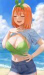  1girl bikini blue_shirt blush breasts cleavage closed_eyes clothes_lift denim denim_shorts go-toubun_no_hanayome gomashiwo_o green_bikini green_ribbon hair_ribbon hand_on_own_chest hand_on_own_hip highres large_breasts lifted_by_self medium_hair nakano_yotsuba navel ocean open_mouth orange_hair ribbon shirt shirt_lift shorts sky solo standing swimsuit t-shirt teeth upper_teeth_only 