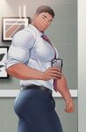  1boy ass bara belt black_belt black_hair black_pants closed_mouth covered_nipples facial_hair highres holding holding_phone large_pectorals male_focus muscular muscular_male necktie original otototo pants pectorals phone shirt short_hair smile solo white_shirt 