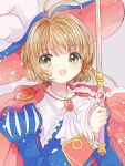  1girl blush brown_hair cape cardcaptor_sakura green_eyes happy hat highres holding holding_sword holding_weapon kinomoto_sakura knho looking_at_viewer official_alternate_costume open_mouth prince red_cape solo sword weapon 