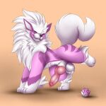  absurd_res arcanine canid feral friztwolf fur generation_1_pokemon hi_res knot looking_at_viewer male male/male mammal nintendo pokemon pokemon_(species) pokemorph purple_body purple_fur raised_leg solo 