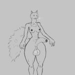  absurd_res anthro balls big_balls big_penis bodily_fluids genital_fluids genitals hi_res intersex loxerzzz mammal muscular muscular_intersex penis precum saggy_balls sketch solo standing tail 