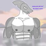  anthro detailed_background digital_media_(artwork) fish fulgoraga looking_at_viewer male marine mountainside muscular muscular_male nipples open_mouth outside shark sky smile solo solo_focus sunset teeth water 