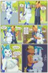  after_transformation anthro aroused big_breasts blue_body blue_fur blue_hair blush bodily_fluids breasts clothed clothing colored comic date decourem dress duo eeveelution female flareon fur gender_transformation generation_1_pokemon generation_4_pokemon glaceon hair happy hi_res holding_breast kissing lactating leaking_milk male mtf_transformation nintendo orange_body orange_fur orange_hair park partially_clothed pokemon pokemon_(species) pregnant pregnant_female species_transformation transformation 