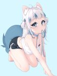  1girl absurdres ahoge all_fours animal_collar animal_ear_fluff animal_ears barefoot bell belt_collar black_shorts blue_eyes blue_hair blue_nails blunt_bangs blush cat_ears collar dolphin_shorts fins fish_tail gawr_gura grey_hair hair_ornament highres hololive hololive_english jingle_bell leash long_hair looking_at_viewer lucasyecla99 mouth_hold multicolored_hair neck_bell shark_hair_ornament shark_tail shorts solo streaked_hair tail tank_top two_side_up virtual_youtuber white_tank_top 