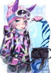  1girl absurdres alternate_costume animal_ears beanie blue_eyes blush brown_hair closed_mouth coat cold ear_covers goggles goggles_on_head hand_on_own_hip hat hcstyrus_ii highres hood hood_down hooded_coat horse_ears long_sleeves looking_at_viewer mittens narita_taishin_(umamusume) nose_blush pink_headwear short_hair snowboard solo standing tongue tongue_out umamusume upper_body v-shaped_eyebrows 