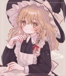 1girl apron black_dress black_headwear blonde_hair blush book bow braid closed_mouth commentary_request dated dress frilled_apron frilled_headwear frills hat hat_bow kirisame_marisa long_hair long_sleeves looking_at_viewer maid_apron marisa_day open_book single_braid solo touhou upper_body white_apron yellow_eyes yujup 