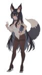  1girl absurdres animal_ear_fluff animal_ears black_hair black_pantyhose blue_eyes breasts choker cleavage fox_ears fox_girl fox_tail hand_on_own_hip heart high_heels highleg highleg_leotard highres large_breasts leotard licking_lips looking_at_viewer navel original pantyhose skindentation solo tail thighs tongue tongue_out v white_background white_leotard zerocat 