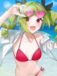  1girl adjusting_eyewear beach bikini blurry blurry_background breasts breasts_apart collarbone commentary_request delutaya diagonal_bangs drill_hair eyewear_on_head fang green_hair green_nails hair_ribbon hatsuno_xxx heart heart-shaped_eyewear highres indie_virtual_youtuber light_blush long_hair looking_at_viewer multicolored_hair navel ocean open_clothes open_mouth open_shirt outdoors pink_hair red_bikini red_eyes ribbon running see-through see-through_shirt side-tie_bikini_bottom sidelocks small_breasts smile solo streaked_hair swimsuit tinted_eyewear triangle_hair_ornament twin_drills upper_body virtual_youtuber 