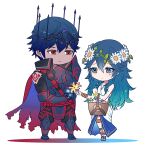  1boy 1girl ameno_(a_meno0) armor basket blue_eyes blue_hair cape chibi chrom_(fire_emblem) corruption crown crying crying_with_eyes_open father_and_daughter fire_emblem fire_emblem_awakening fire_emblem_heroes flower hair_between_eyes head_wreath long_hair lucina_(fire_emblem) lucina_(valentine)_(fire_emblem) official_alternate_costume red_eyes short_hair symbol-shaped_pupils tears tiara torn_clothes 