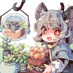  1girl animal_ear_fluff animal_ears basket blue_capelet blush cactus capelet collared_capelet commentary_request flower flower_pot grey_hair grey_vest holding holding_basket holding_flower_pot long_sleeves looking_at_viewer mame_komari medium_hair mouse mouse_ears mouse_girl mouse_tail nazrin open_mouth orange_flower plant polka_dot polka_dot_background potted_plant prehensile_tail red_eyes shirt smile solo sprout tail touhou twitter_username upper_body vest white_background white_shirt white_sleeves yellow_collar 