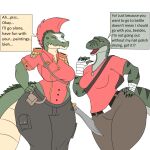  anthro big_butt breasts butt clothed clothing crocodile crocodilian crocodylid curvy_figure dialogue dinosaur dromaeosaurid duo female flat_colors green_body jewelry knife looking_at_another melee_weapon miss-jeanette(photolol.03) miss-mundany_(photolol.03) mohawk necklace photolol.03 reptile scalie simple_background team_fortress_2 text theropod valve velociraptor voluptuous weapon wide_hips yellow_eyes 