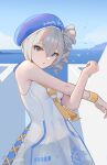  1girl :o absurdres ai_dongdong bare_arms bare_shoulders beret blue_headwear blue_sky breasts bronya_zaychik bronya_zaychik_(valkyrie_chariot) cloud commentary day dress drill_hair grey_eyes grey_hair hair_between_eyes hat highres honkai_(series) honkai_impact_3rd looking_at_viewer outdoors parted_lips see-through side_drill sky sleeveless sleeveless_dress small_breasts solo stretching white_dress wrist_cuffs 