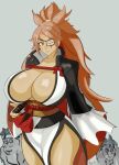  1girl amputee baiken breasts cleavage eyepatch guilty_gear guilty_gear_xrd highres huge_breasts japanese_clothes kimono mito_anji multicolored_clothes multicolored_kimono one-eyed open_clothes open_kimono samurai 