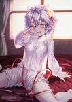  1girl alternate_costume blurry blurry_background bright_pupils clothing_cutout convenient_censoring full_body heart highres komeiji_satori looking_at_viewer messy_hair nomayo pajamas pink_eyes pink_hair short_hair solo third_eye touhou twitter_username white_pupils window 