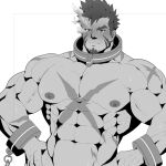  1boy abs bara beach blush completely_nude cross_scar expressionless facial_hair flaming_eye goatee greyscale heracles_(housamo) karakuraax large_pectorals looking_at_viewer male_focus mature_male monochrome muscular muscular_male mutton_chops navel nipples nude out-of-frame_censoring pectorals scar scar_on_chest short_hair sideburns smile solo stomach sweat thick_eyebrows tokyo_afterschool_summoners upper_body v-shaped_eyebrows very_sweaty 