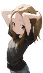  1girl absurdres arms_behind_head black_shirt blue_pants brown_eyes brown_hair closed_mouth commentary highres karakai_jouzu_no_takagi-san long_hair looking_at_viewer pants shirt short_hair short_sleeves simple_background smile solo t-shirt takagi-san white_background yamamoto_souichirou 