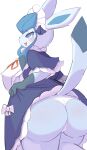  absurd_res anthro anthrofied big_breasts blue_body blush breasts canid clothed clothing eeveelution female fur generation_4_pokemon glaceon hi_res looking_at_viewer maid_uniform mammal nintendo nipple_outline nojaaaaaaaarori panties pokemon pokemon_(species) pokemon_unite pokemorph rear_view simple_background solo tea_party_style_glaceon underwear uniform 