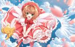  1girl antenna_hair blue_sky bow brown_hair cardcaptor_sakura cherry_blossoms dress falling_petals flying footwear_bow frilled_dress frills glove_bow gloves highres kero kinomoto_sakura magical_girl open_mouth petals pink_dress pink_headwear puffy_short_sleeves puffy_sleeves red_bow red_footwear shoes short_sleeves sky sleeve_bow so_tsubasa teeth upper_teeth_only white_gloves white_wings wings 